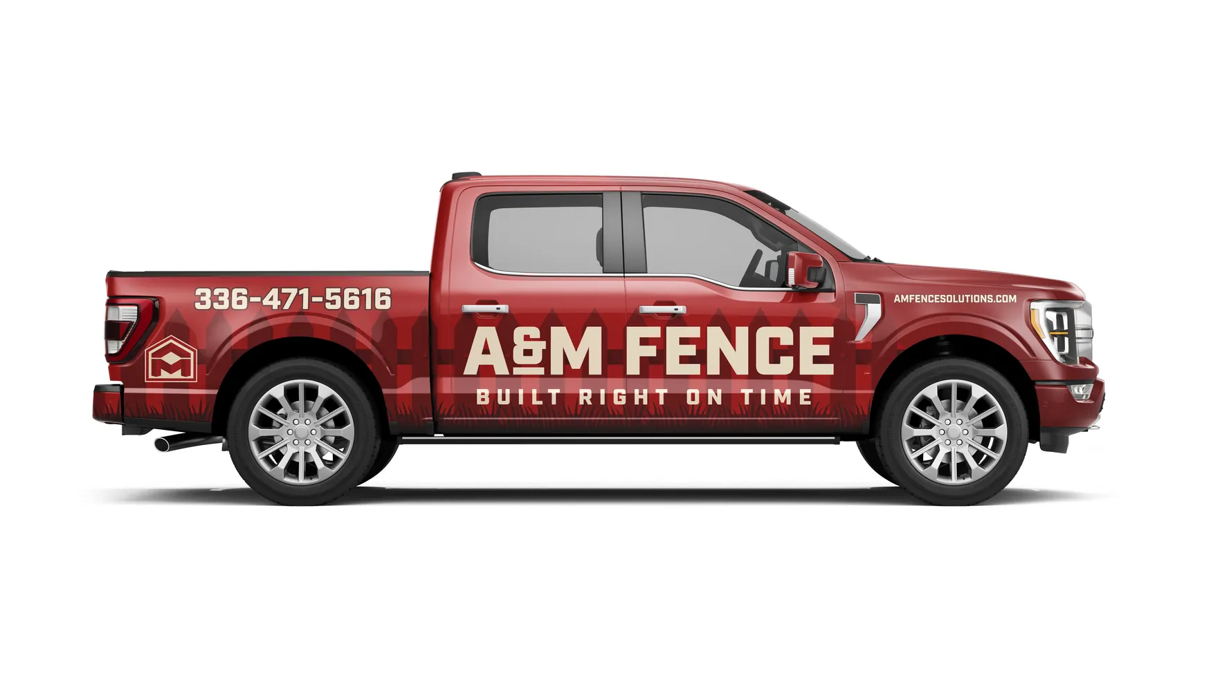A&M Fence pickup truck wrapped in red with the Built Right, On Time tagline.