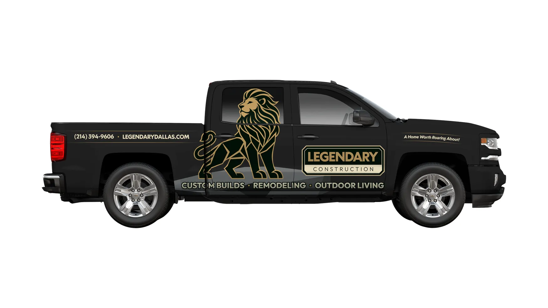 Legendary Construction pickup truck wrap with the gold lion on the rear door.
